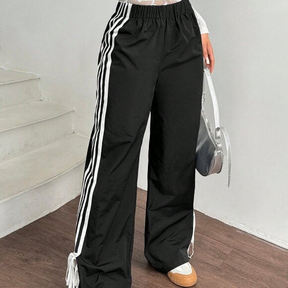 Black Casual Women's Side Contrast Tape Elastic Waist Wide legged Pants - Picture 1 of 6